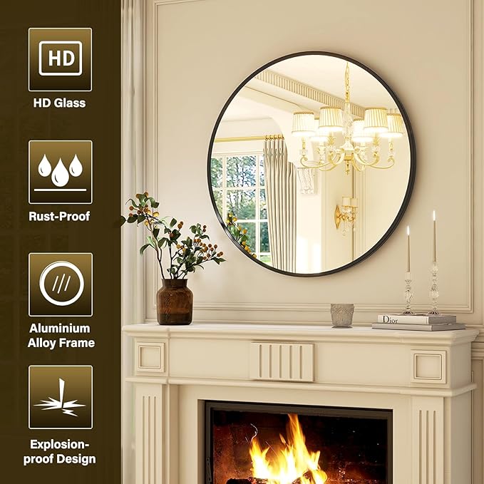 18-Inch Round Wall Mirror with Aluminum Alloy Metal Frame - Ideal for Entryway, Bathroom, Vanity, Living Room - Black Finish Circle Mirror for Stylish Home Decor