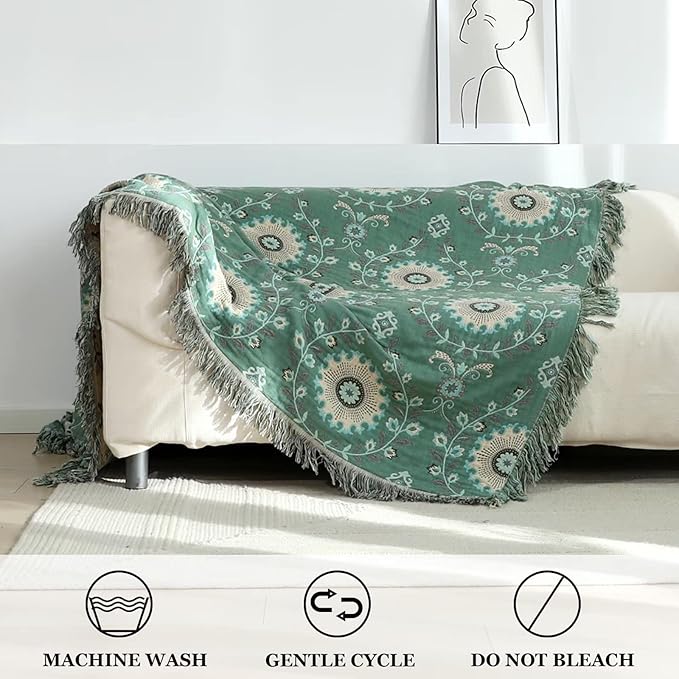 Boho Throw Blanket for Bed 100% Cotton Ultra Soft Rustic Quilt Spring Blanket Floral Printed Farmhouse Decor Bed Blankets,80"x90" All Season Rustic Throw for Sofa Couch Chair