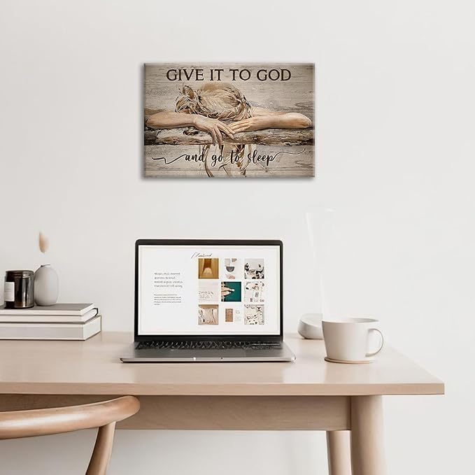Farmhouse Wall Decor for Bedroom Give It to God and Go to Sleep Sign Pictures Rustic Above Bed Wall Art Christian Girl Sleep Painting Country Bible Verse Canvas Framed Print Artwork 24"x20"