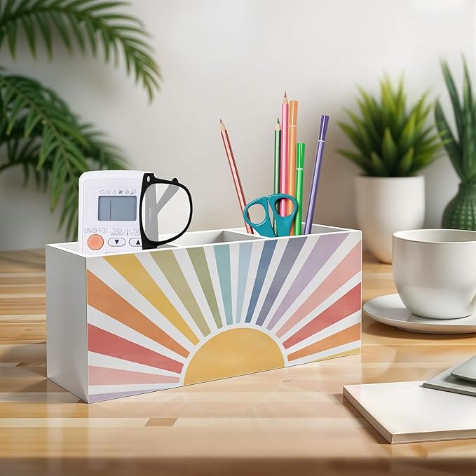 Boho Colorful Sunshine Pen Pencil Holder, Boho Desk Office Decor, Retro Rainbow Sun Sunrise Sunset Pencil Pen Holder Organizer for Home Office Desk Accessories