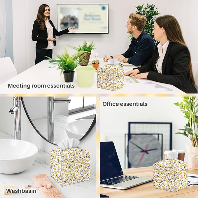 Tissue Box Cover, Tissue Box Holder, Square with Belt Bottom, PU Leather Decorative Organizer for Desk, Tabletop, Countertop Bathroom, Toilet Car, Office, Bedside, Aesthetic Yellow Flower Decor