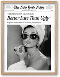 iHery Small Natural OAK Wood Hepburn Newspaper Trendy Bathroom Wall Decor, 8X10in Vintage Framed Wall Art Canvas Art, Funny Artwork, Better Late Than Ugly, Set of 1 Apartment Girly Dorm Room