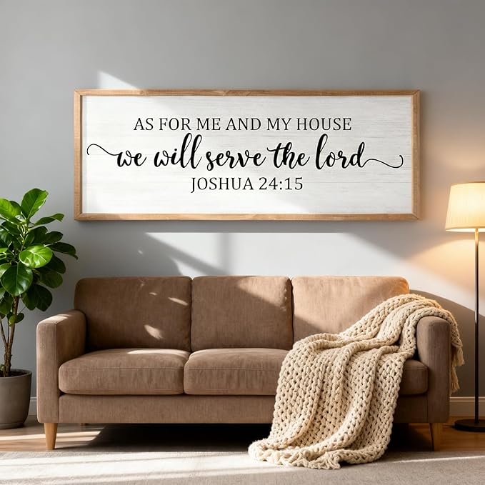 As For Me And My House We Will Serve The Lord Framed Wall Art, 40''×15'' Horizontal Positive Religious Rustic Bible Verse for Christian God Jesus Christ Prayer, Vintage Holy Catholic Scripture Decor