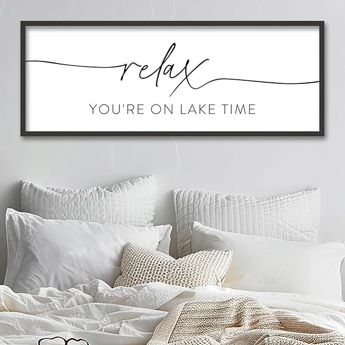 SRSZHIYUE Relax You're On Lake Time Wall Decor Above Bed Sign 40"×15" for Lake House Bedroom Over Bed Large Vintage Wood Framed Farmhouse Gift For Lake Lover Home Hanging Art (Black)
