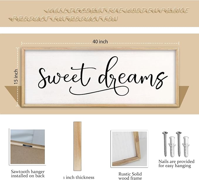 comurdyo Sweet Dreams Wall Decor Above Bed Sign 40" x 15" Master Bedroom Wooden Antique Framed Large Rustic Farmhouse Guest Room Beautiful Simple Hanging Plaque Over Bed Wall Art (Wood)