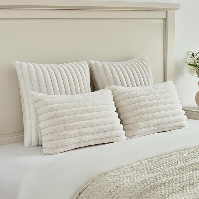 FUTEI Cream White Decorative Throw Pillow Covers Set of 2, 20x20 Inch Soft Fluffy Faux Fur Plush Striped Cushion Cases, Modern Home Decor for Couch Bed Living Room