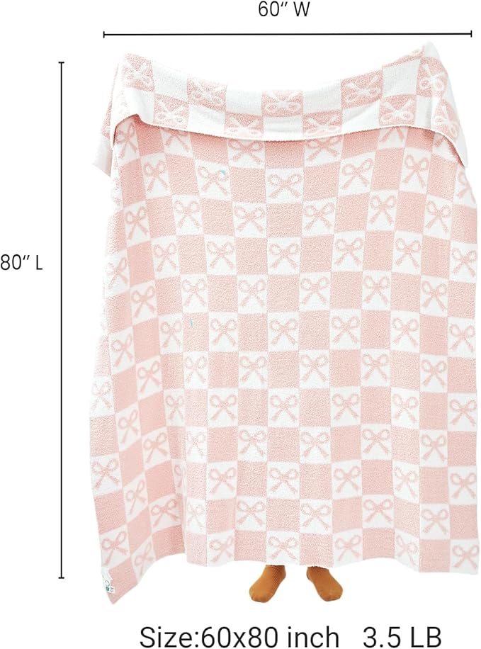 YIRUIO Pink Checkered Knit Throw Blanket - with Bow Pattern for Women Daughter, 60x80 Twin Size Ultra Soft Microfiber Reversible,Fluffy Fuzzy Cozy Throw for Bed, Sofa & Couch, Home Decor