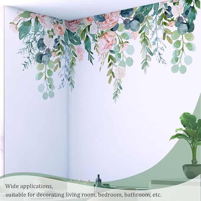 Watercolor Flowers Leaves Wall Decals Peel and Stick, Large Floral Flowers Wall Stickers, Removable Vine Home Decor Art for Bedroom Living Room Classroom Office