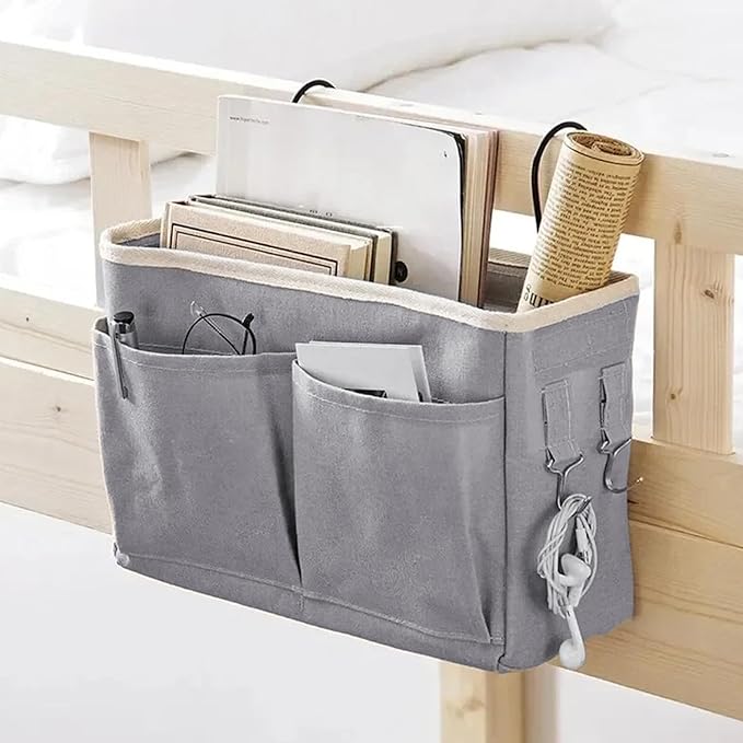 Large Capacity Bedside Storage Organizer - Cotton Linen Bedside Caddy with Pockets Hooks for Headboards Bunk Bed/ 11x4x7.5