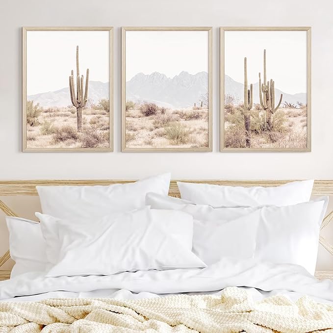 Sonoran Desert Landscape Wall Art Cactus Arizona Canvas Wall Decor Desert Poster Pictures Saguaro Cactus Art Prints Landscape Painting for Home Bedroom 16x24 Inch Wood Framed Set of 3