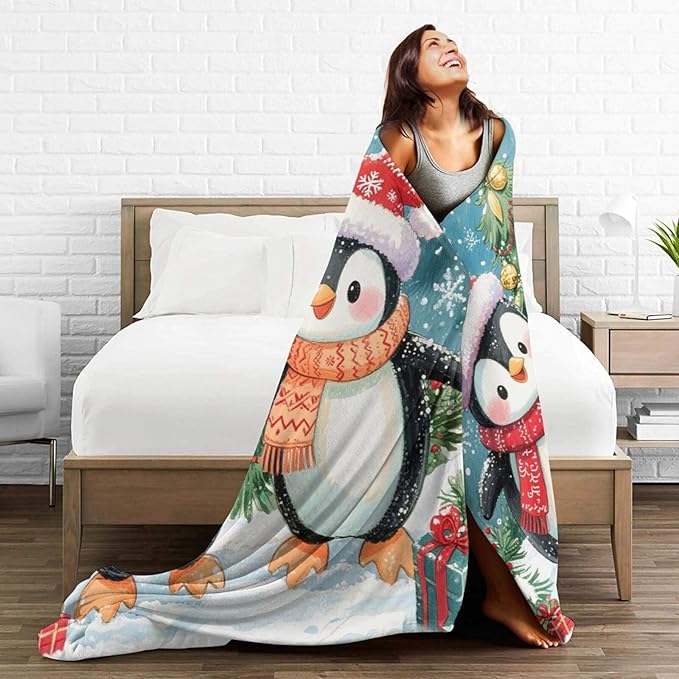 Penguin Throw Blanket - Soft Plush Fleece Christmas Winter Blankets- Cozy Penguin Stuff Gifts for Women Girls Kids 50"X60"