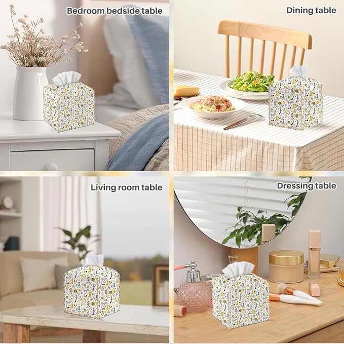 Tissue Box Cover, Tissue Box Holder, Square with Belt Bottom, PU Leather Decorative Organizer for Desk, Tabletop, Countertop Bathroom, Toilet Car, Office, Dresser Kitchen, Cat Boots Flower Decor