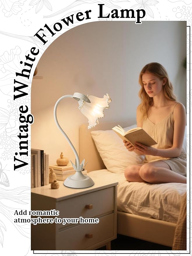 Flower Table Lamp,LED Reading Light Bedside Vintage Flower Night Light,3 Colors Modes Kawaii Bedside Lamps Decor,Living Room Bedroom Room Lighting Table Lamps Home Decoration (White Pearls)