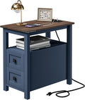 Farmhouse End Table with Charging Station and 2 Storage Drawers, Blue Wood Nightstand Narrow, Skinny Side Table Rustic, Slim Bedside Table, Open Shelf, Small for Bedroom, Living Room, Sofa