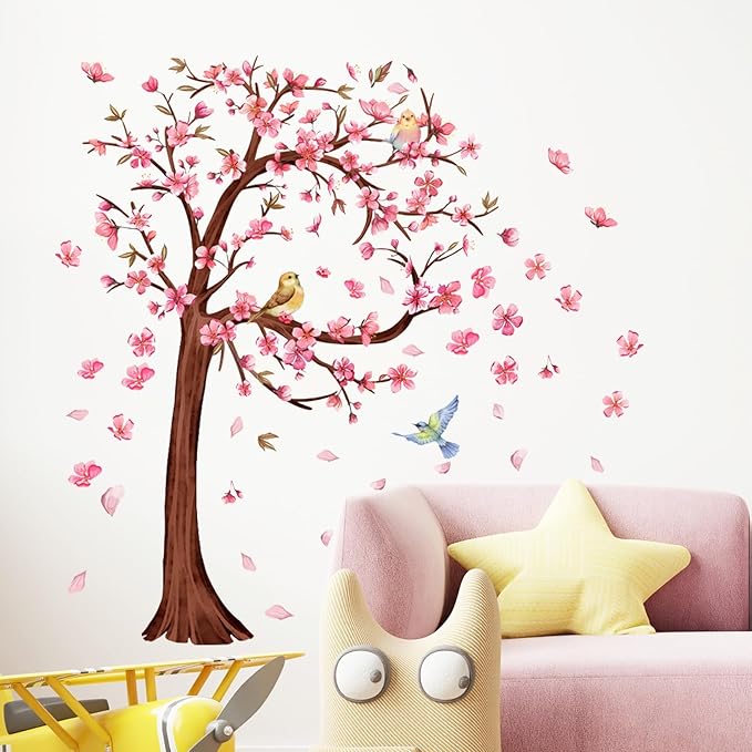 3D Flower Tree Wall Decals Peel and Stick Large Cherry Blossom Stickers for Wall in Heart Shape with Birds Removable Wall Stickers & Murals for Living Room Bedroom Girl Nursery Classroom Home Decor