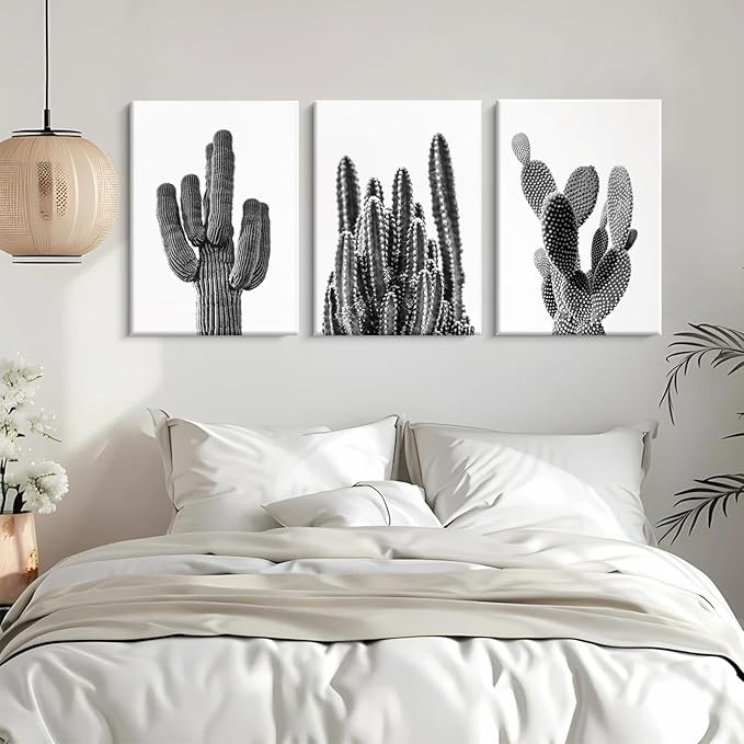 Black And White Cactus Canvas Wall Art Saguaro Cactus Pictures Wall Decor Black And White Artwork Painting Mexican Succulent Poster Prints for Living Room Bedroom Decor 12x16x3 Inch Ready to Hang