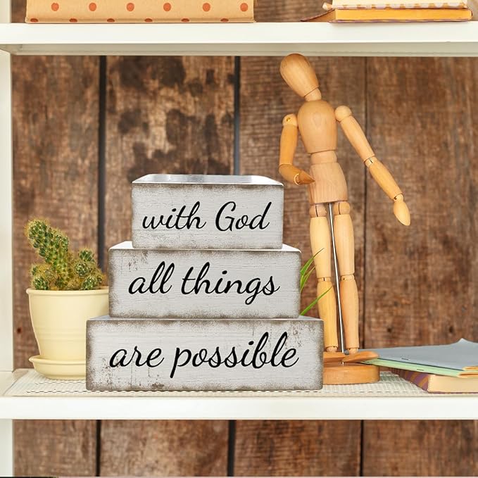 3 Pcs Farmhouse Christian Table Decoration Religious Tiered Tray Decor Rustic Bible Verse Tabletop Centerpiece with God All Things Are Possible Wooden Block Sign for Home Desk Shelf Mantle