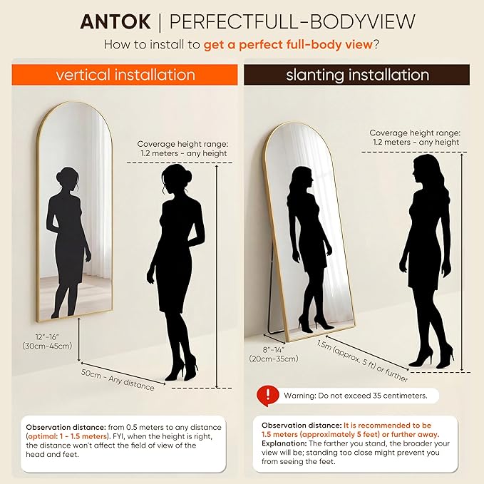 Antok 71" x28” Arched Full Length Floor Mirror, Gold Aluminum Frame, Free Standing/Wall Mount/Leaning for Bedroom, Living Room, Dressing Room