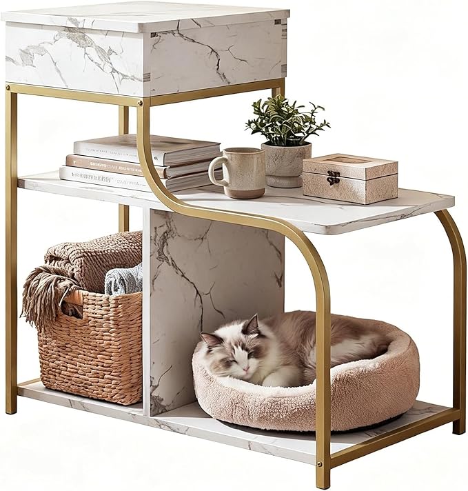 End Table with Charging Station, 3-Tier Sofa Side Table Sliding Top for Living Room, Bedside Table with Storage, Modern Curved Frame Accent Sofa Nightstand for Small Spaces Apartment, Gold & White