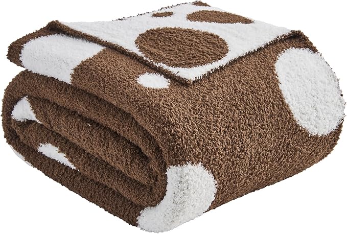 CozeCube Super Soft Fullfy Microfiber Reversible Knitted Blankets, Warm Cozy Fuzzy Plush Throw, Dark Brown and White Polka Dot Throw Blanket for Couch Bed Sofa, 50" x 60"
