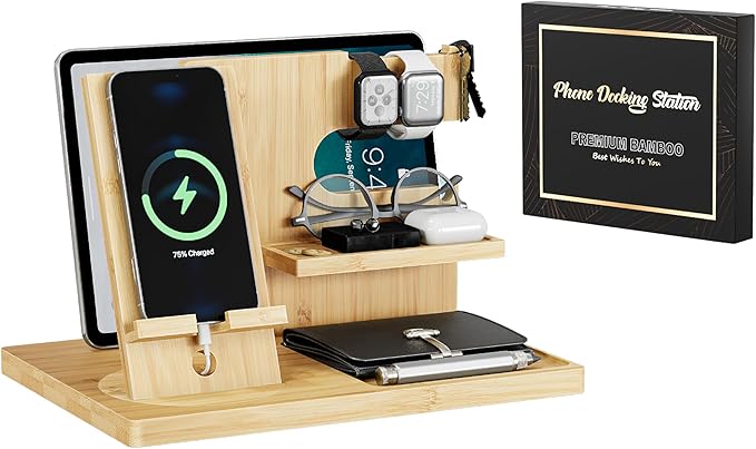 Semiocthome Wood Phone Docking Station with Separate Phone Stand, Bedside Organiser Desk Organiser Presents for Him or Her Anniversary, Birthday Presents for Men Dad Husband Boyfriend Son - Beige