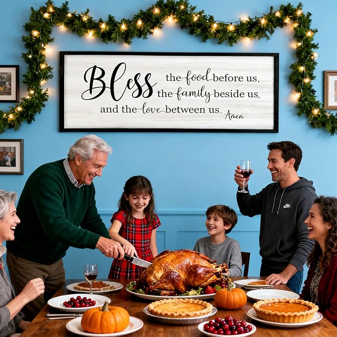 Bless the Food Before Us, the Family Beside Us, and the Love between us Framed Wall Art for Dining Room, 40''×15'' Holy Positive Religious Rustic Bible Verse for Christian God Jesus Christ Prayer