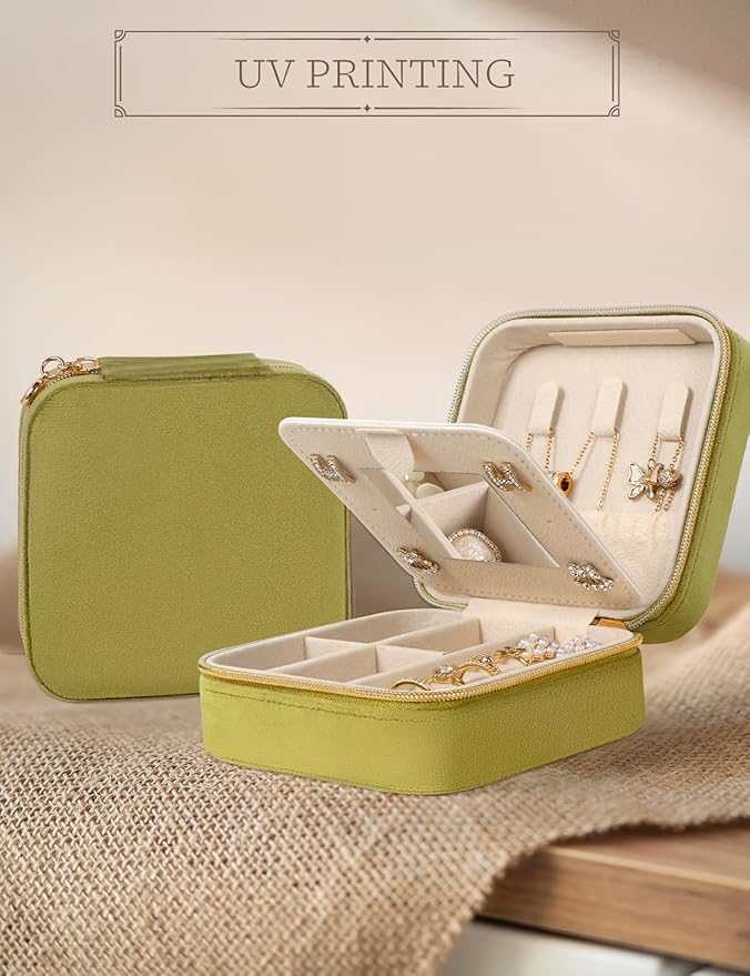 Plush Velvet Travel Jewelry Case Small Jewelry Box Jewelry Organizer Storage Case Portable Jewelry Travel Case for Girls Womens Earring, Necklace, Rings,Bracelets with Mirror