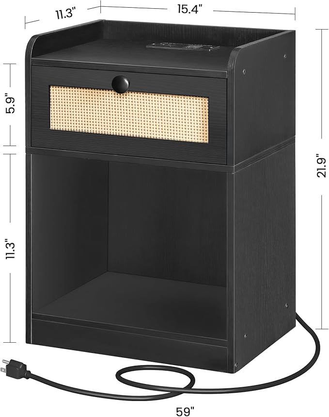 Nightstand, End Table with Charging Station, Side Table with Rattan-Style Drawer and Storage Shelf, Modern Sofa Table with 1 AC Outlet and 2 USB Ports, for Bedroom, Black MBZ01UBB