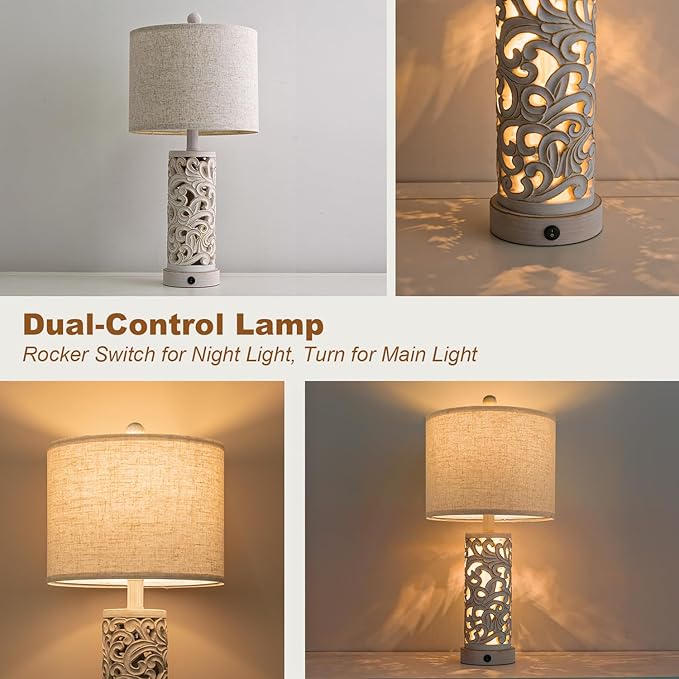 22" Dual Light Table Lamps Set of 2 for Living Room, USB A+C Table Lamp for Bedroom, Farmhouse Lamps for Night Stands with Linen Shade for Home Office(Wash White, Bulb Included)