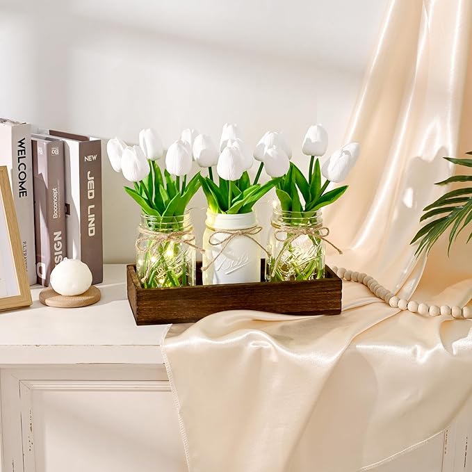 BLEUM CADE Centerpiece Table Decorations - Mason Jar Lights Centerpiece for Kitchen Dining Table Farmhouse Coffee Table Wedding Home Decor with 3 Jars Tulips Artificial Flowers & Wood Tray