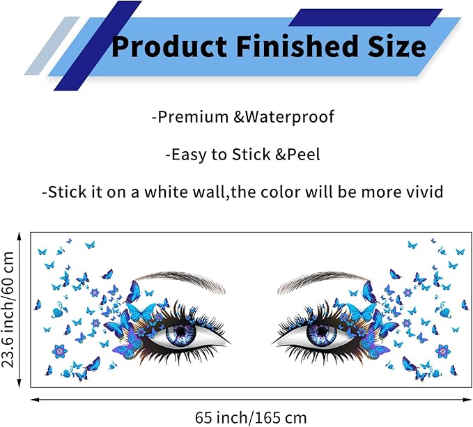 Blue Eyelash Eyes Wall Stickers - 4 Sheets, Premium Matte Vinyl, Butterfly Decals, Waterproof, for Women Girls Bedroom Living Room Decoration