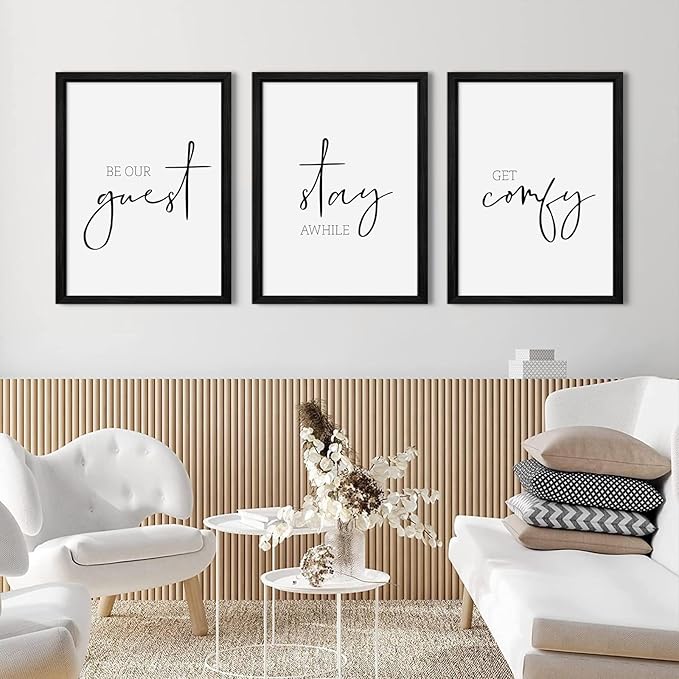 Be Our Guest Wall Decor Guest Room Wall Art Decor Stay Awhile Signs for Home Decor Minimalist Wall Art Over The Bed Sign Guest Bedroom Wall Decor Canvas Painting 12x16 Inch Wood Framed Set of 3