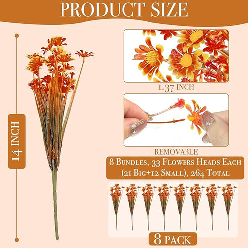 8 Bundles Artificial Daisy Flowers for Outdoors Spring Decor, UV Resistant Faux Cemetery Flowers Plastic Greenery Shrub Fake Flowers Plants Home Gardens Porch Planter Indoor Summer Fall Decor(Orange)