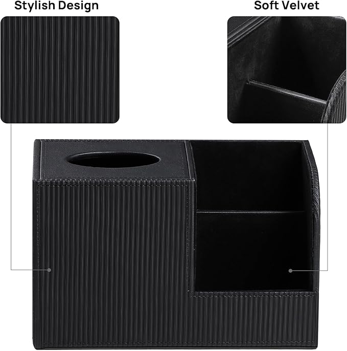 Square Tissue Box Cover with 2 Compartments Storage Organizer, PU Leather Tissue Box Holder with Remote Control Holder for Livingroom Nightstand, Multifunctional Cube Tissue Holder (Black)