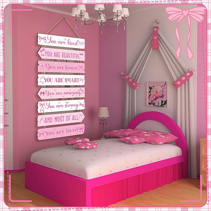 Qunclay Inspirational Girl Room Decor Aesthetic Art Wall Hanging Sign Inspiring Colorful Rainbow Wooden Decoration for Kids Toddler Boy Baby Bedroom Nursery Dorm Decor, 6-12 Years (Pink Bow)