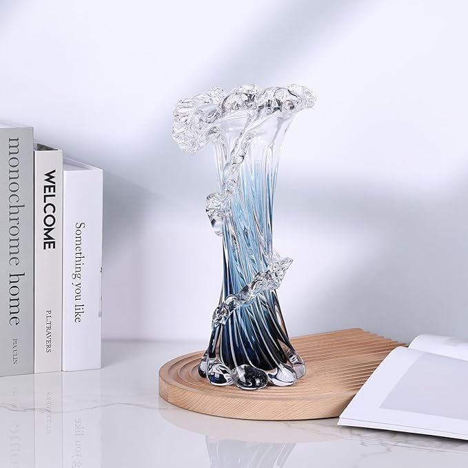 Hand Blown Blue Glass Vase, Unique Art Beautiful Ocean Glass Vase for Home Centerpiece, Coffee Table, Living Room, Office Decor - 11.8" H(Large)