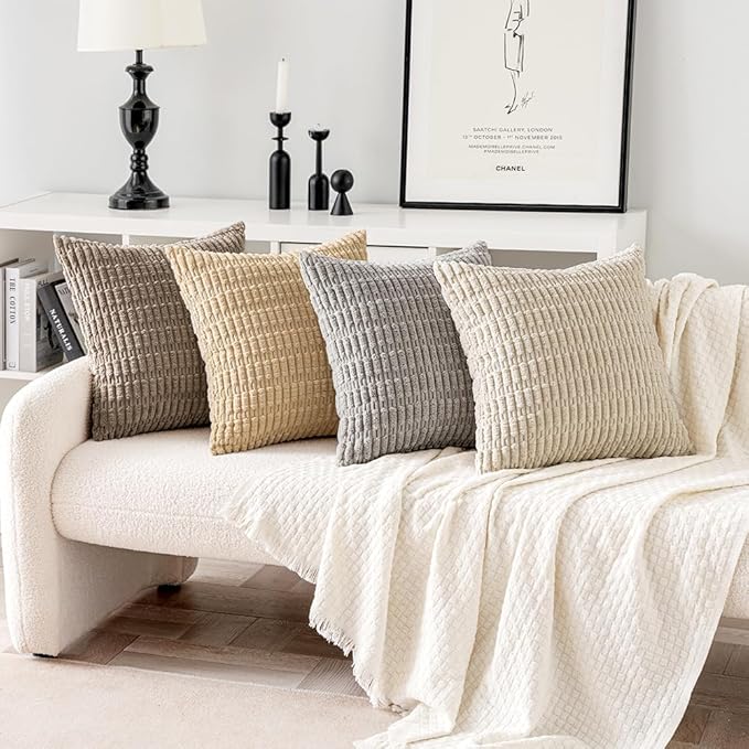 MIULEE Pack of 4 Neutral Decorative Throw Pillow Covers 20x20 Inch for Couch Sofa Living Room Bed Rustic Farmhouse Boho Corduroy Soft Striped Pillow Covers Home Decor