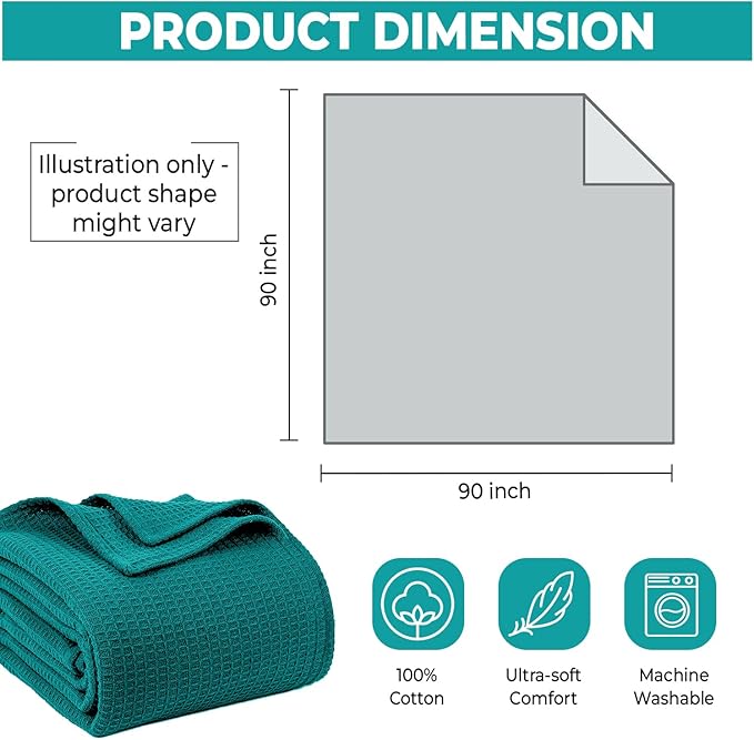 100% Cotton Blankets for Bed - Waffle Weave Blankets for Summer, Lightweight and Breathable Soft Woven Blanket for Spring (Teal, Queen (90" x 90"))