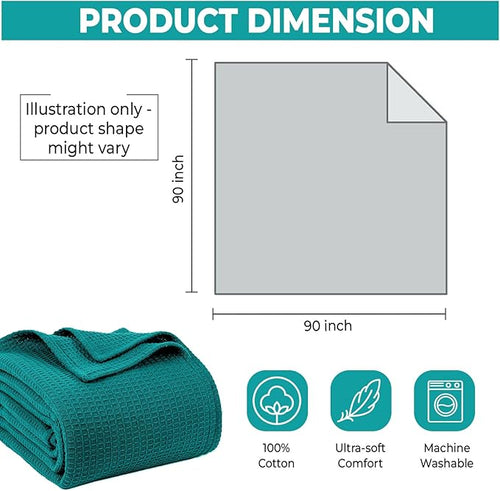 100% Cotton Blankets for Bed - Waffle Weave Blankets for Summer, Lightweight and Breathable Soft Woven Blanket for Spring (Teal, Queen (90" x 90"))