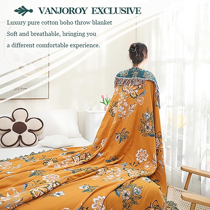 Boho Throw Blanket, 100% Organic Cotton Breathable Skin-Friendly Ultra Soft 50" x 60" Bed Yellow Throw - Floral Rustic Decor Luxury Reversible Blanket for Sofa Couch Chair and Gift,