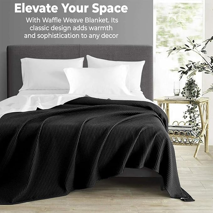 100% Cotton Blankets for Bed - Waffle Weave Blankets for Summer, Lightweight and Breathable Soft Woven Blanket for Spring (Black, Throw (50" x 60"))