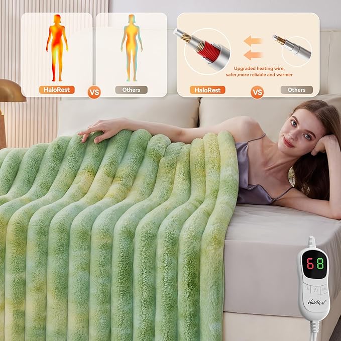 Heated Throw Blanket, Faux Fur Cozy Heating Blanket with Overheat Protection, 1/2/4/6/8 Hours Auto-Off 10 Heat Level, Machine Washable (62x84 Inches, Tie-Dye Green)