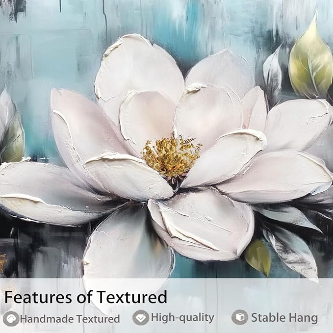 Ardemy Magnolia Wall Art Framed Canvas Wall Decor Living Room, White Floral Picture Wall Decor Teal Painting Flower Textured Large Artwork for Bedroom Dining Room Home Office 48"x24"