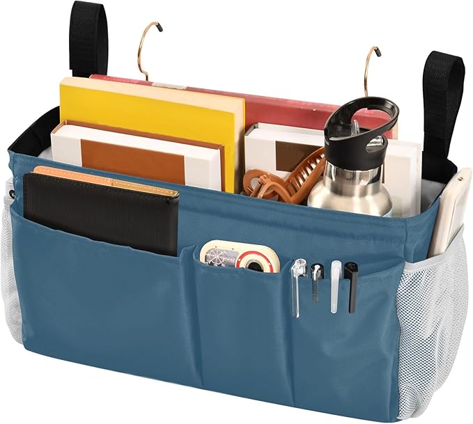 DOMIKING Caribbean Blue Bedside Caddy for Dorm Bed Recliner Armrest Organizer with Hooks Haning Storage Pockets for Bunk Bed Headboards Rails
