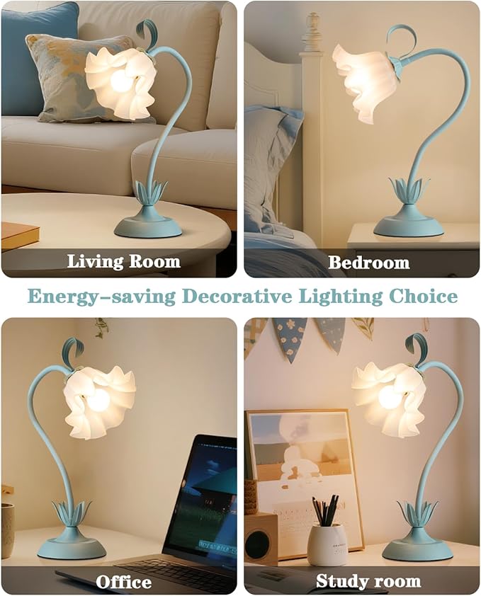 Flower Table Lamp, LED Reading Light Vintage Bedside Table Lamp with 3 Color Modes for Nightstand, Kawaii Decoration for Home Bedroom Living Room (Blue)