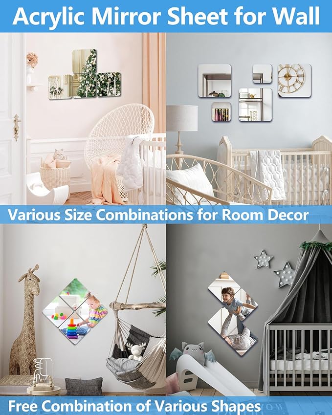 Unbreakable Mirror Tiles Self Adhesive,8 PCS 16”x12” Toddler Mirror For Classroom Decor, Peel And Stick On Small Mirrors For Wall Decor, Shatterproof Plastic Mirrors Stickers for Kids Decorative