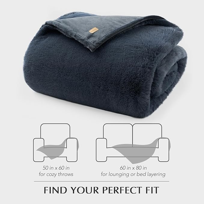 EVERGRACEHOME Luxury Soft Faux Chinchilla Fur Throw Blanket for Couch, Warm Thick Heavy Winter Throw Blanket 1220GSM for Bed, Fluffy Cozy Mink Blanket with Reversible Velvet, Stormy Blue Mink, 50"x60"