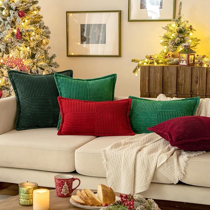 MIULEE Decorative Euro Sham Throw Pillow Covers for Couch Bed Livingroom 24x24 Inch Set of 2 Dark Green Boho Accent Throw Pllows Broadside Striped Patchwork Soft Corduroy Pillowcases