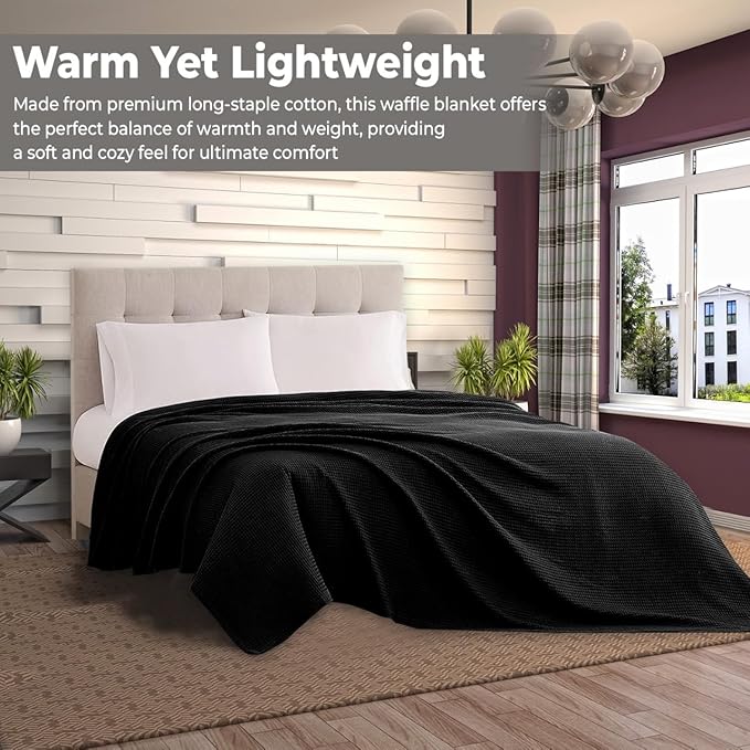 100% Cotton Blankets for Bed - Waffle Weave Blankets for Summer, Lightweight and Breathable Soft Woven Blanket for Spring (Black, Throw (50" x 60"))