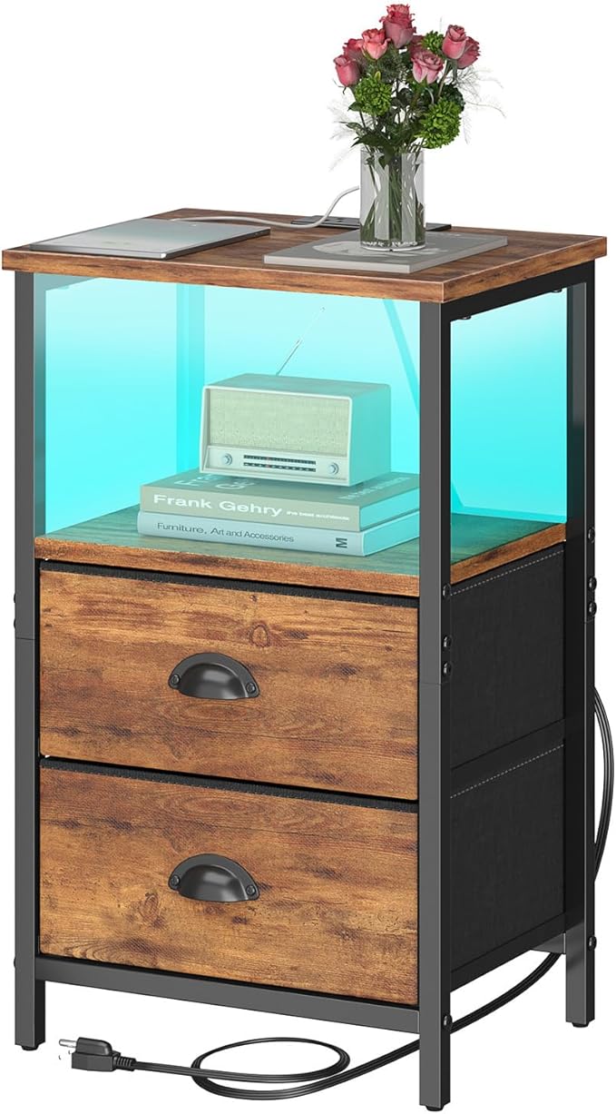 Nightstand with Charging Station, Night Stand with 2 Fabric Drawers, Bedside Table End Table with LED Light, 3-Tier Storage Side Table Nightstand with Drawers for Bedroom,Rustic Brown
